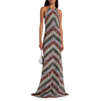 Womens Slanted Stripe Halterneck Sleeveless Printed Dress