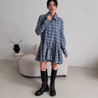 Autumn Retro Hong Kong Style Lapel Slimming Plaid Shirt With Puffy Skirt
