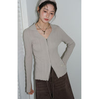 V-neck Zippered Slim-fit Figure-flattering Womens Knitted Shirt