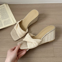 Slope And Vacation Cool Slippers With Exposed Toes, Women's Woven Versatile Square Toe Retro Style Slippers