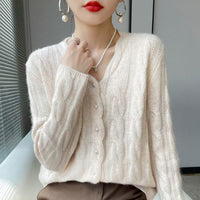 Twisted Pearl-Button V-Neck OuterwearLayering Top Knitted Sweater Jacket