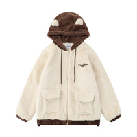 Cute Embroidered Bear Ear Hooded Lamb Plush Coat