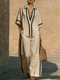 Color Block Short Sleeve Top And Wide Leg Pants Two Piece Set - Casual Summer Loose Fit Matching Outfit For Women Daily Wear