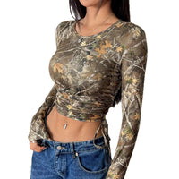 Mesh Branch Printing Side Drawstring Fitted Short T-shirt
