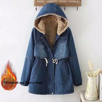 Winter New Womens Fleece-Lined Mid-Length Denim Padded Jacket Coats