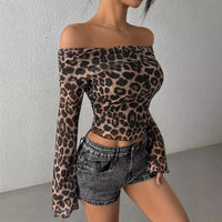 Off-shoulder Long Sleeve Leopard Print Top