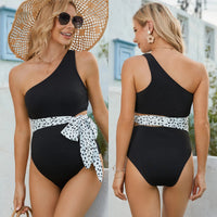 Simple Black One Shoulder Tummy Hiding Loose Belly Support Swimsuit