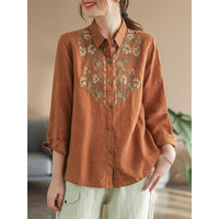 Womens Stylish, Loose-fitting Cotton-linen Long-sleeve Embroidered Shirt