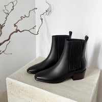 Womens Early Autumn French-Style Ankle Boots In Genuine Leather With A Square Toe And Chunky Mid Heel