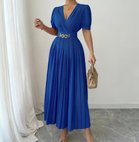 Cross V-Neck Defined Waist Slimming Puff Sleeve Patchwork Pleated Dress For Women