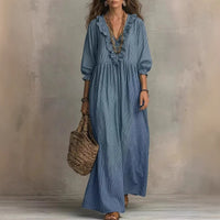 Womens Striped Ruffle-Trimmed Loose High-Waist V-Neck Dress