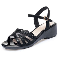 Women's Summer Chunky Mid Wedge Sandals With One Line Buckle Heels