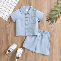 Cotton And Linen Short-sleeved Lapel Polo Shirt Solid Color Boys' Two-piece Suit
