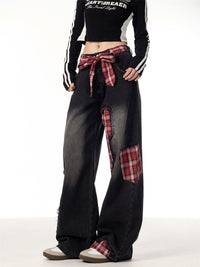 Bowknot Loose Sweet Cool Plaid Stitching Jeans Women's Straight Wide Leg Pants