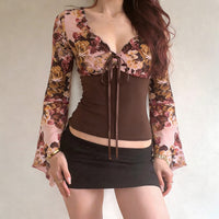 Floral Butterfly Print V-Neck Lace-Up Long-Sleeve T-Shirt