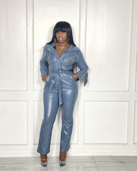 New Lapel Button Low-cut Fringed Skinny Imitation Leather Jumpsuit For Women