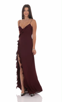 Womens Fashion V-Neck Ruffle-Trim Slit Backless Slip Dress