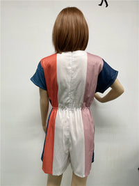 Loose V-neck Drawstring Stripe Contrast Short Sleeve Jumpsuit