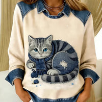 Womens Denim Crew-Neck 3D Digital Print V-Neck T-Shirt