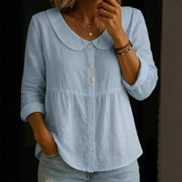 Summer New Peter Pan Collar Linen-Cotton Solid Color Shirt Womens Loose Slimming Three-Quarter Sleeve Casual All-Match Top