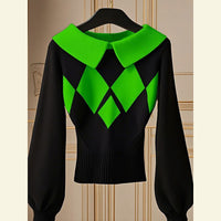 European Goods Western Style Unique Chic Niche Idle Style Black Diamond Plaid Sweater