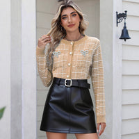 Women's Plaid Bright Brick Bow Pearl Buckle Fashion Sweater