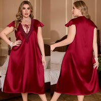 Womens Lace-trimmed Ice Silk Plus-size Loose And Luxurious Nightdress