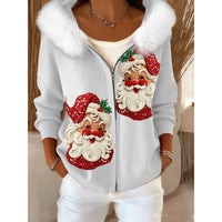 Stylish 3D Digital-Print Womens Cardigan With Faux Fur Hoodie