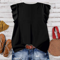 Solid-color V-neck Buttoned Flutter-sleeve Blouse For Women