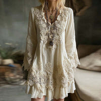 Womens Retro Bohemian Rose-Embroidered Linen Loose V-Neck Short Skirt