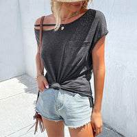 Irregular Off-Shoulder Top Summer Solid Color Hollow-Out T-Shirt