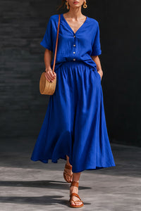 Cotton-linen V-neck Button-up Short-sleeve Top And Skirt Set