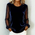 Women's Round-Neck Lace-Panel Long-Sleeve Velvet T-Shirt