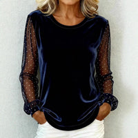 Women's Round-Neck Lace-Panel Long-Sleeve Velvet T-Shirt