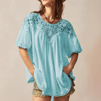Lace-panelled Round-neck Short-sleeve Loose Womens Blouse