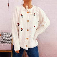 Flower Embroidery Bow Bandage Knitted Cardigan Single-breasted Sweater