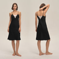 Womens Summer Satin Chiffon Loungewear Sexy Lace-Panel Camisole With Open Back And Short Skirt
