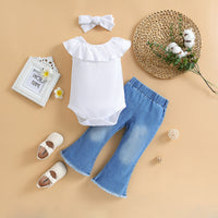 Girls' summer ruffled romper denim flare pants set