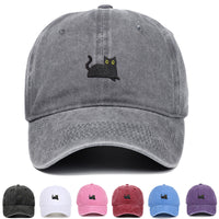 Black Cat Embroidered Washed Baseball Cap Sun Hat
