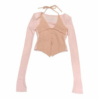 Halter False Two-piece Patchwork Long Sleeve Knitwear T-shirt Top