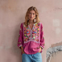 Womens Printed Linen Long-Sleeve Shirt Top