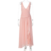 Chiffon Dress Solid Color Sexy V-Neck Cross-Over Layered Slit Suspender Maxi Dress