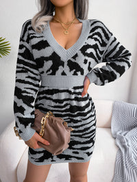 Women Fashion Tiger Print Lantern Sleeve Cinched Sweater Dress