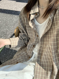 Arrival Loose-fit Blue Plaid Long-sleeve Sun-protective Shirt