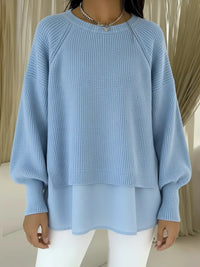 Solid Color Casual Crew Neck Sweater With A Chiffon Hem And Puff Sleeves