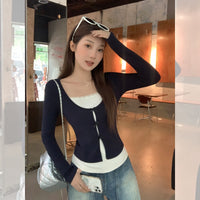 False Two-piece Patchwork Bow Long Sleeve T-shirt Women's Slim Top