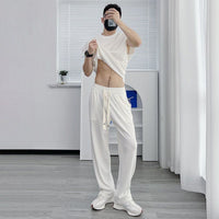 Men's Solid Color Casual High Sense Ice Silk Casual Pants Short Sleeve Suit