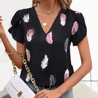 Women's Casual V-neck Feather Printed Shirt