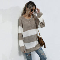 Striped Color Matching Knitted Inner Match Female Mid-length Sweater