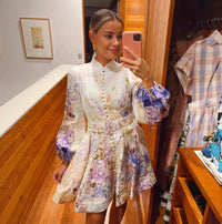 Womens Printed Buttoned Waistband Long-Sleeve Dress
